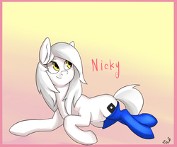 Size: 1200x1000 | Tagged: safe, artist:passigcamel, oc, oc only, oc:nicky, earth pony, pony, clothes, female, gradient background, mare, socks, solo