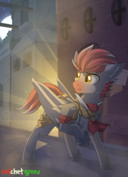 Size: 1600x2206 | Tagged: safe, artist:redchetgreen, oc, oc only, pegasus, pony, armor, commission, looking back, male, royal guard, solo, stallion, ych result