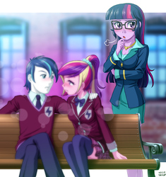 Size: 1200x1276 | Tagged: safe, artist:uotapo, alumnus shining armor, dean cadance, princess cadance, sci-twi, shining armor, twilight sparkle, human, equestria girls, g4, age swap, bench, blushing, clothes, clothes swap, crystal prep academy uniform, eye contact, female, glasses, long socks, looking at each other, male, older, role reversal, school uniform, ship:shiningcadance, shipping, socks, straight, teen princess cadance, thigh highs, trio, younger