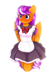 Size: 1933x2542 | Tagged: safe, artist:sweesear, oc, oc only, oc:digidrop, pegasus, anthro, anthro oc, blushing, bowtie, clothes, cute, dress, ear fluff, female, hands behind back, maid, mare, solo, wing fluff