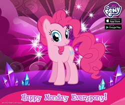 Size: 940x788 | Tagged: safe, gameloft, pinkie pie, earth pony, pony, g4, official, facebook, female, happy, mare, monday, my little pony logo, pink, solo