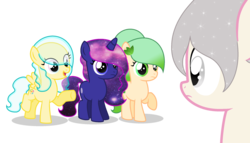 Size: 2512x1436 | Tagged: safe, artist:duyguusss, oc, oc only, oc:galaxy, oc:jelly river, oc:minty wind, earth pony, pegasus, pony, unicorn, base used, female, filly, simple background, transparent background