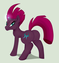 Size: 964x1021 | Tagged: safe, artist:mysweetstomach, tempest shadow, pony, g4, my little pony: the movie, broken horn, butt, commander, featureless crotch, female, gray background, horn, no armor, plot, simple background, smiling, solo, tempass