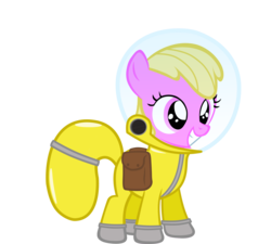 Size: 3037x2729 | Tagged: safe, artist:aborrozakale, oc, oc only, oc:puppysmiles, earth pony, pony, fallout equestria, fallout equestria: pink eyes, g4, fanfic, fanfic art, female, filly, foal, hazmat suit, high res, hooves, saddle bag, simple background, smiling, solo, teeth, transparent background, vector
