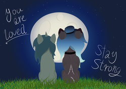 Size: 3508x2480 | Tagged: safe, artist:lordswinton, oc, oc only, oc:amerilla, pegasus, pony, unicorn, choker, commission, duo, full moon, galleryofgoodwill, grass, high res, lineless, moon, moongazing, motivational, sitting, vector