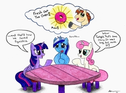 Size: 2241x1661 | Tagged: safe, artist:bio-iridescence, donut joe, minuette, twilight sparkle, twinkleshine, alicorn, pony, unicorn, g4, chair, donut, female, food, male, mare, open mouth, simple background, stallion, table, talking, thought bubble, tongue out, traditional art, twilight sparkle (alicorn), white background