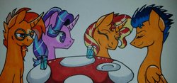 Size: 1024x478 | Tagged: safe, artist:bleedingwings12, flash sentry, starlight glimmer, sunburst, sunset shimmer, pony, g4, curved horn, dish, female, horn, male, mushroom table, ship:flashimmer, shipping, straight, traditional art