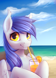 Size: 800x1100 | Tagged: safe, artist:fenwaru, oc, oc only, oc:gabriel, pegasus, pony, beach, drink, drinking straw, ear fluff, female, hoof hold, looking at you, mare, smiling, solo