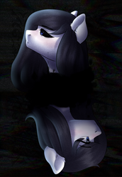 Size: 1171x1700 | Tagged: safe, artist:nika-rain, oc, oc only, oc:sandra, pony, black background, bust, duality, ear fluff, female, mare, portrait, reflection, sad, simple background, solo