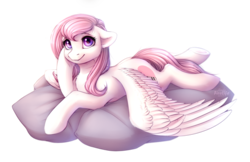 Size: 1500x970 | Tagged: safe, artist:fenwaru, oc, oc only, oc:cherished song, pegasus, pony, cheek fluff, chest fluff, cute, ear fluff, female, floppy ears, looking at you, lying down, mare, pillow, prone, simple background, smiling, solo, transparent background, wing fluff