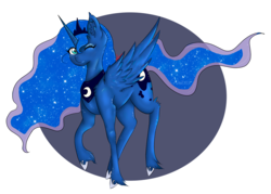 Size: 1280x915 | Tagged: safe, artist:niniibear, princess luna, alicorn, pony, g4, blue, cute, female, fluffy, happy, leg fluff, looking at you, mare, one eye closed, princess, raised hoof, shiny, shoulder fluff, simple background, smiling, solo, spread wings, transparent background, unshorn fetlocks, wing fluff, wings, wink