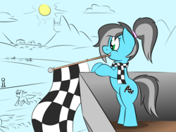 Size: 1000x750 | Tagged: safe, artist:glimglam, oc, oc only, oc:pole position, earth pony, pony, canterlot, clothes, cloud, female, flag, freckles, hairband, mountain, mouth hold, ponytail, racing, scarf, smiling, sun