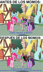 Size: 600x1000 | Tagged: safe, edit, edited screencap, screencap, pinkie pie, spike, twilight sparkle, dragon, friendship is magic, g4, archer, before and after, meme, pinkie pie and twilight sparkle first meeting, small soldiers, spanish, translated in the comments