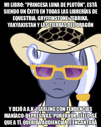 Size: 800x1000 | Tagged: safe, hoity toity, pony, g4, black background, dross, dross rotzank, glasses, hat, meme, simple background, spanish, translated in the comments