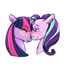 Size: 600x600 | Tagged: safe, artist:pastelbob, starlight glimmer, twilight sparkle, pony, g4, blushing, bust, cuddling, eyes closed, female, lesbian, ship:twistarlight, shipping, simple background, transparent background