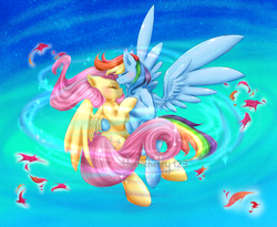 Size: 2200x1800 | Tagged: safe, artist:chichicherry123, fluttershy, rainbow dash, pegasus, pony, g4, cute, dancing, female, flying, lesbian, mare, ship:flutterdash, shipping, watermark