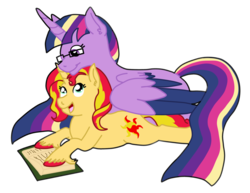 Size: 1024x789 | Tagged: safe, artist:sylver-unicorn, sunset shimmer, twilight sparkle, alicorn, pony, unicorn, g4, book, cuddling, female, glasses, lesbian, looking at each other, older, rainbow power, ship:sunsetsparkle, shipping, twilight sparkle (alicorn)