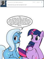 Size: 600x800 | Tagged: safe, artist:dekomaru, trixie, twilight sparkle, pony, unicorn, tumblr:ask twixie, g4, ask, female, lesbian, mare, pregnant, ship:twixie, shipping, tumblr