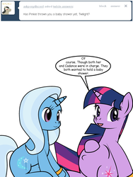 Size: 600x800 | Tagged: safe, artist:dekomaru, trixie, twilight sparkle, pony, unicorn, tumblr:ask twixie, g4, ask, female, lesbian, mare, pregnant, ship:twixie, shipping, tumblr