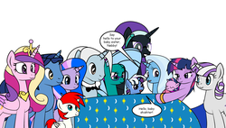 Size: 1053x600 | Tagged: safe, artist:dekomaru, night light, princess cadance, trixie, twilight sparkle, twilight velvet, oc, oc:aurora, pony, unicorn, tumblr:ask twixie, g4, ask, female, lesbian, magical lesbian spawn, mare, offspring, parent:trixie, parent:twilight sparkle, parents:twixie, ship:twixie, shipping, tumblr