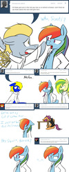 Size: 1024x2560 | Tagged: safe, artist:mikeythefox, rainbow dash, scootaloo, oc, oc:bronydanceparty, oc:h8-seed, oc:wooden toaster, pegasus, pony, ask factory scootaloo, ask rainbow factory dash, fanfic:rainbow factory, g4, clothes, comic, factory scootaloo, lab coat, rainbow factory dash, table