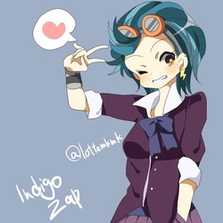 Size: 1000x1000 | Tagged: dead source, safe, artist:lotte, indigo zap, equestria girls, friendship games, g4, anime style, female, heart, looking at you, one eye closed, peace sign, solo, wink
