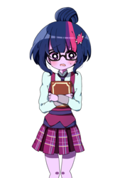 Size: 992x1532 | Tagged: safe, artist:lotte, sci-twi, twilight sparkle, equestria girls, g4, adorkable, anime style, beautiful, blushing, book, clothes, crystal prep academy uniform, cute, dork, female, glasses, looking at you, meganekko, moe, nerd, nervous, outfit, pixiv, school uniform, simple background, skirt, solo, transparent background, uniform