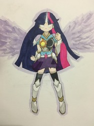 Size: 800x1067 | Tagged: safe, artist:some-failure, twilight sparkle, human, g4, armor, clothes, female, glowing eyes, horn, horned humanization, humanized, socks, solo, thigh highs, traditional art, watermark, winged humanization, wings