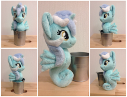 Size: 2075x1597 | Tagged: safe, artist:burgunzik, lyra heartstrings, sea pony, seahorse, g4, bucket, irl, photo, plushie, seapony lyra, solo, species swap