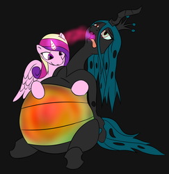 Size: 1167x1200 | Tagged: safe, artist:8aerondight8, princess cadance, queen chrysalis, g4, bloated, changeling feeding, changeling overfeeding, feeding, female, force feeding, infidelity, inflation, lesbian, love, love overload, ship:cadalis, shipping, stuffing, this will end in explosions