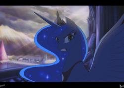 Size: 1284x908 | Tagged: safe, artist:jowyb, princess luna, alicorn, pony, angry, balcony, castle, cloud, cloudy, crepuscular rays, female, glare, gritted teeth, horn, mare, mountain, mountain range, scenery, solo, spread wings, wings