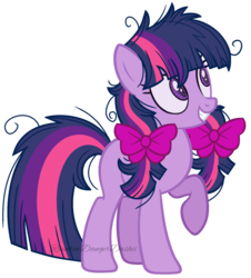 Size: 1024x1131 | Tagged: safe, artist:bezziie, twilight sparkle, earth pony, pony, g4, adorkable twilight, alternate universe, bow, earth pony twilight, female, hair bow, mare, messy mane, race swap, raised hoof, simple background, solo, transparent background, watermark