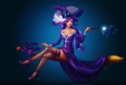 Size: 1500x1021 | Tagged: safe, artist:alkven, rarity, human, g4, bare shoulders, breasts, broom, cleavage, female, flying, flying broomstick, hat, high heels, humanized, looking at you, magic wand, nail polish, shoes, solo, wand, witch, witch hat