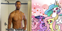 Size: 1200x600 | Tagged: safe, artist:pencils, edit, fluttershy, pinkie pie, princess celestia, twilight sparkle, alicorn, earth pony, human, pegasus, pony, comic:anon's pie adventure, g4, african american, comic, female, heart eyes, human fetish, irl, irl human, isaiah mustafa, mare, old spice, old spice guy, open mouth, photo, twilight sparkle (alicorn), wingding eyes