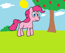 Size: 692x564 | Tagged: safe, pinkie pie, earth pony, pony, g4, 1000 hours in ms paint, apple, bush, cloud, female, food, grass, ms paint, quality, sky, smiling, solo, sun, tree