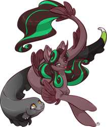 Size: 1743x2064 | Tagged: safe, artist:kez, oc, oc only, oc:ghost hunter, oc:graphite sketch, fish, merpony, pony, seapony (g4), unicorn, black ghost knife, curved horn, dorsal fin, duo, female, fin, fins, fish tail, flowing mane, flowing tail, horn, lidded eyes, looking at you, mare, scales, seaponified, simple background, smiling, smiling at you, species swap, tail, tongue out, transparent background, underwater