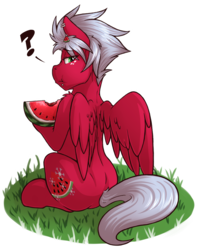 Size: 966x1200 | Tagged: safe, artist:denzel, artist:sugaryviolet, oc, oc only, oc:melon frost, pegasus, pony, collaboration, commission, eating, food, herbivore, looking back, question mark, simple background, sitting, solo, transparent background, watermelon