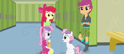 Size: 1600x706 | Tagged: safe, artist:thomaszoey3000, apple bloom, scootaloo, sweetie belle, human, pony, equestria girls, g4, canterlot high, clothes, cutie mark crusaders, hallway, human ponidox, lockers, self ponidox