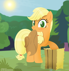 Size: 2230x2307 | Tagged: safe, artist:shutterflyeqd, applejack, earth pony, pony, g4, cowboy hat, cute, female, freckles, hat, hay bale, high res, mare, mouth hold, solo, stetson, sun