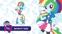 Size: 2560x1440 | Tagged: safe, rainbow dash, equestria girls, g4, official, equestria girls plus, female, mlp club, my little pony logo, ponied up, solo, wallpaper