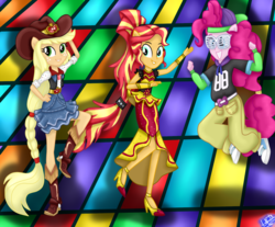 Size: 2300x1900 | Tagged: safe, artist:liniitadash23, applejack, pinkie pie, sunset shimmer, equestria girls, equestria girls specials, g4, my little pony equestria girls: dance magic, clothes, converse, dress, flamenco dress, pants, ponied up, rapper pie, shoes, show accurate, shutter shades, sneakers, sunglasses, sunset shimmer flamenco dress