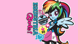 Size: 2560x1440 | Tagged: safe, rainbow dash, equestria girls, g4, official, crossed arms, equestria girls plus, female, mlp club, my little pony logo, ponied up, solo, wallpaper