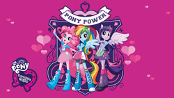 Size: 2560x1440 | Tagged: safe, pinkie pie, rainbow dash, twilight sparkle, equestria girls, g4, official, emblem, equestria girls logo, equestria girls plus, mlp club, ponied up, pony power, twilight sparkle (alicorn), wallpaper