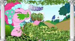Size: 1924x1063 | Tagged: safe, artist:mlpfimguy, artist:p0p218, pinkie pie, earth pony, pony, g4, 1000 hours in gimp, clothes, delicious, dress, eating, gimp, herbivore, leaf, leaves, pillar, wat