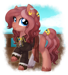 Size: 894x995 | Tagged: safe, artist:tambelon, oc, oc only, oc:coral, crystal pony, pony, clothes, ear piercing, earring, female, jewelry, looking at you, mare, ocean, piercing, pirate, ship, shirt, simple background, solo, transparent background, watermark
