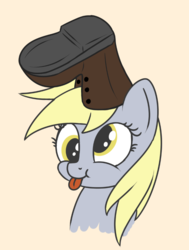 Size: 606x801 | Tagged: safe, artist:andelai, derpy hooves, pegasus, pony, g4, boot, boot to the head, cute, derpabetes, female, head, shoe on head, silly, silly pony, simple background, smiling, solo, tongue out, veggietales