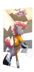 Size: 846x1800 | Tagged: safe, artist:n_thing, oc, oc only, pegasus, pony, semi-anthro, arm hooves, bipedal, boots, clothes, crossover, long fall horseshoe, looking back, male, portal (valve), shirt, shoes, solo, spear, stallion, weapon