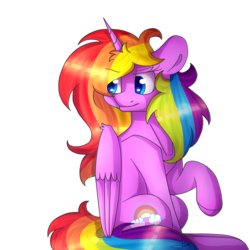 Size: 2000x2000 | Tagged: safe, artist:soundwavepie, oc, oc only, oc:rainbow cloud, alicorn, pony, alicorn oc, colored pupils, female, frown, high res, looking back, mare, raised hoof, simple background, sitting, solo, transparent background, wing fluff