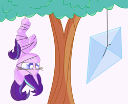 Size: 1280x1033 | Tagged: safe, artist:pastelhorses, starlight glimmer, pony, unicorn, g4, adorable distress, cute, female, glimmerbetes, kite, kite-eating tree, peanuts, pink background, simple background, solo, suspended, tangled up, that pony sure does love kites, tree, upside down