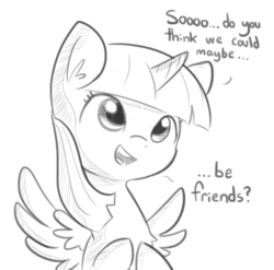 Size: 701x692 | Tagged: safe, artist:tjpones, twilight sparkle, alicorn, pony, adorkable, adorkable twilight, bronybait, cute, dialogue, dork, female, grayscale, horn, monochrome, open mouth, princess of friendship, question mark, simple background, solo, spread wings, talking, tjpones is trying to murder us, twiabetes, twilight sparkle (alicorn), white background, wings